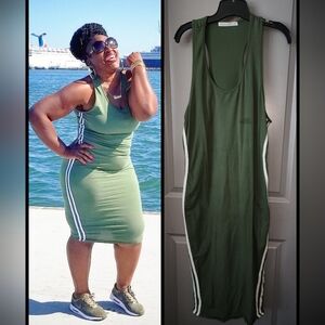 Rebdolls Olive Green Midi Dress with White Stripes